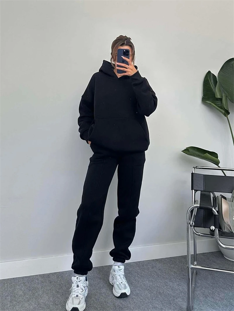 

Fleece 2 Piece Sets Women Outfit Autumn Clothing Women Hooded Pullover Sweatshirt Top and Pant Sets Casual Tracksuits Woman Sets