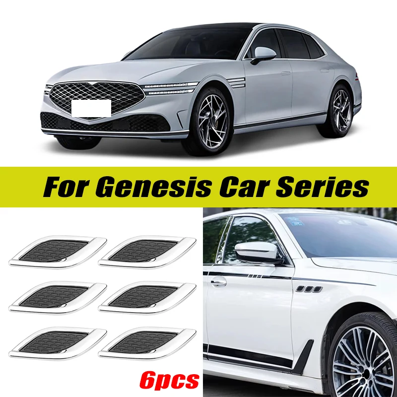 6Pcs Chrome / Black 3D Car Side Fender Air Vent Hood Scoop Outlet Cover Decorative Trim For Genesis G70 G80 G90 GV60 GV70 GV80