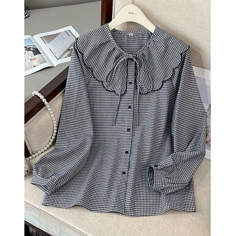 Women\'s Fashion Vintage Plaid Ruffles Lace Up Shirt Sweet Chic O Neck Long Sleeve Blouse Spring Autumn Casual Loose Tops Blusas