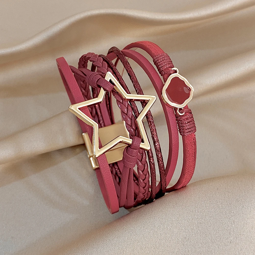 ALLYES Vintage Armband aus gewebtem Leder mit ausgehöhltem Stern für Damen, klobiges Boho-Mehrschicht-Armband, breites Wickelarmband, Charm-Schmuck – Detail 18