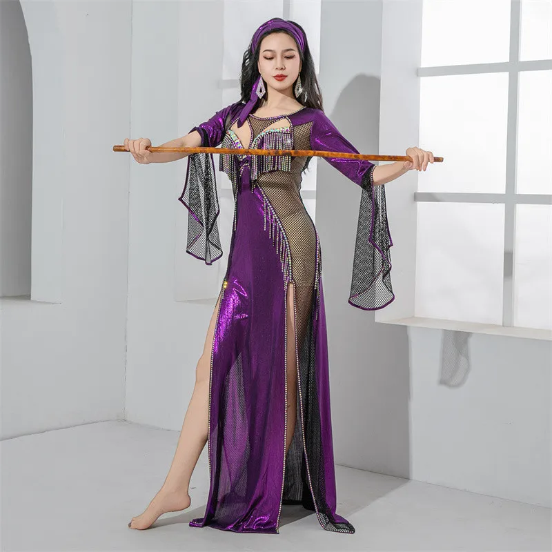 Light Luxury Bellydance Costume Fishnet Rhinestone Decorated Competition Dress Tassel Sexy Saidi Performance Show Clothes Egypt
