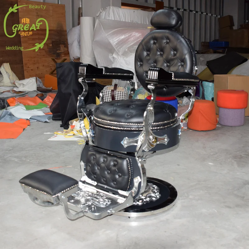 Black and Gold Silla De Barberia Profesional Antique Styling Saloon Chair Retro Barber Chair for Men