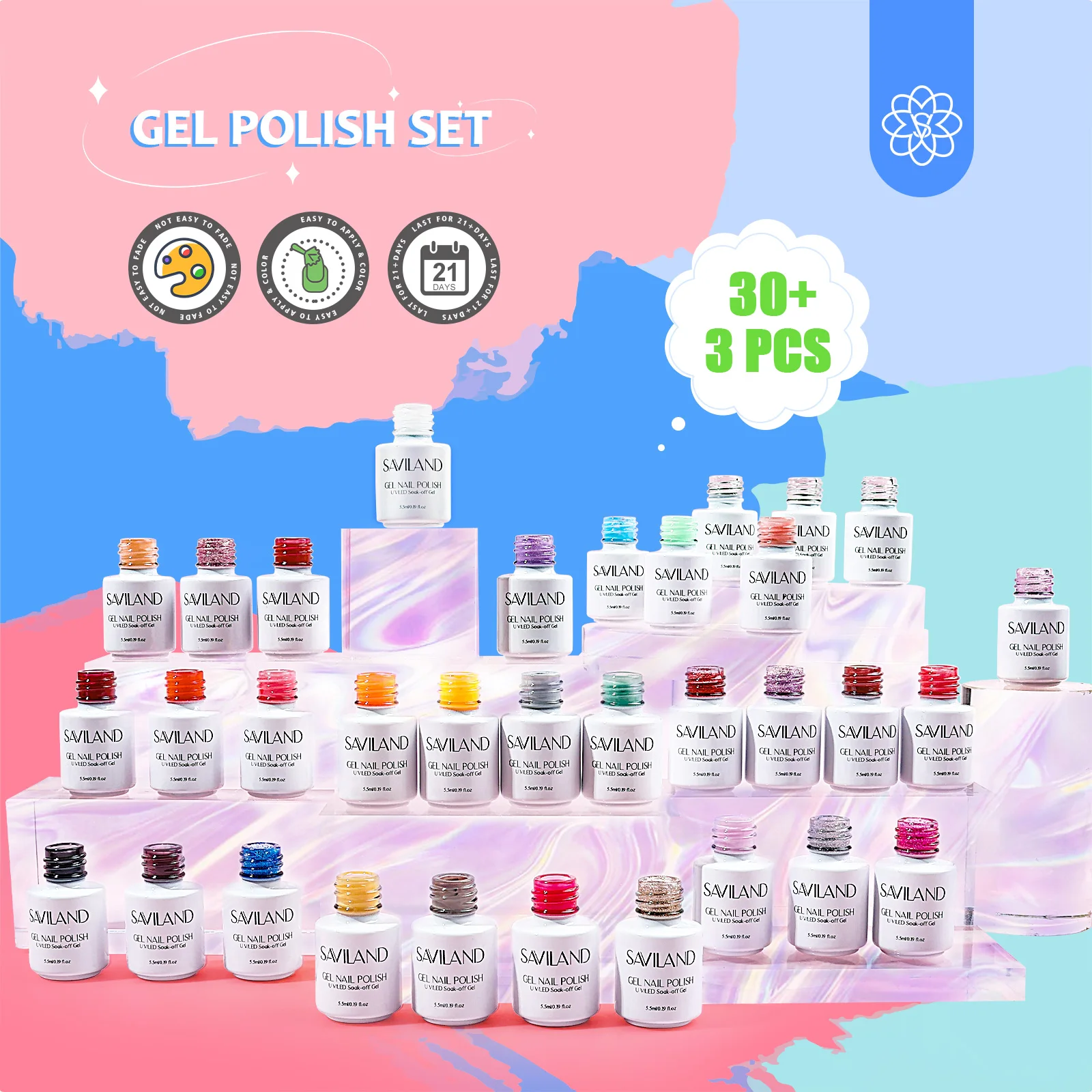 Saviland-kit de esmalte de gel, branco, vermelho, rosa, glitter, semi permanente, base, top coat, para nail art, para casa, 33 peças