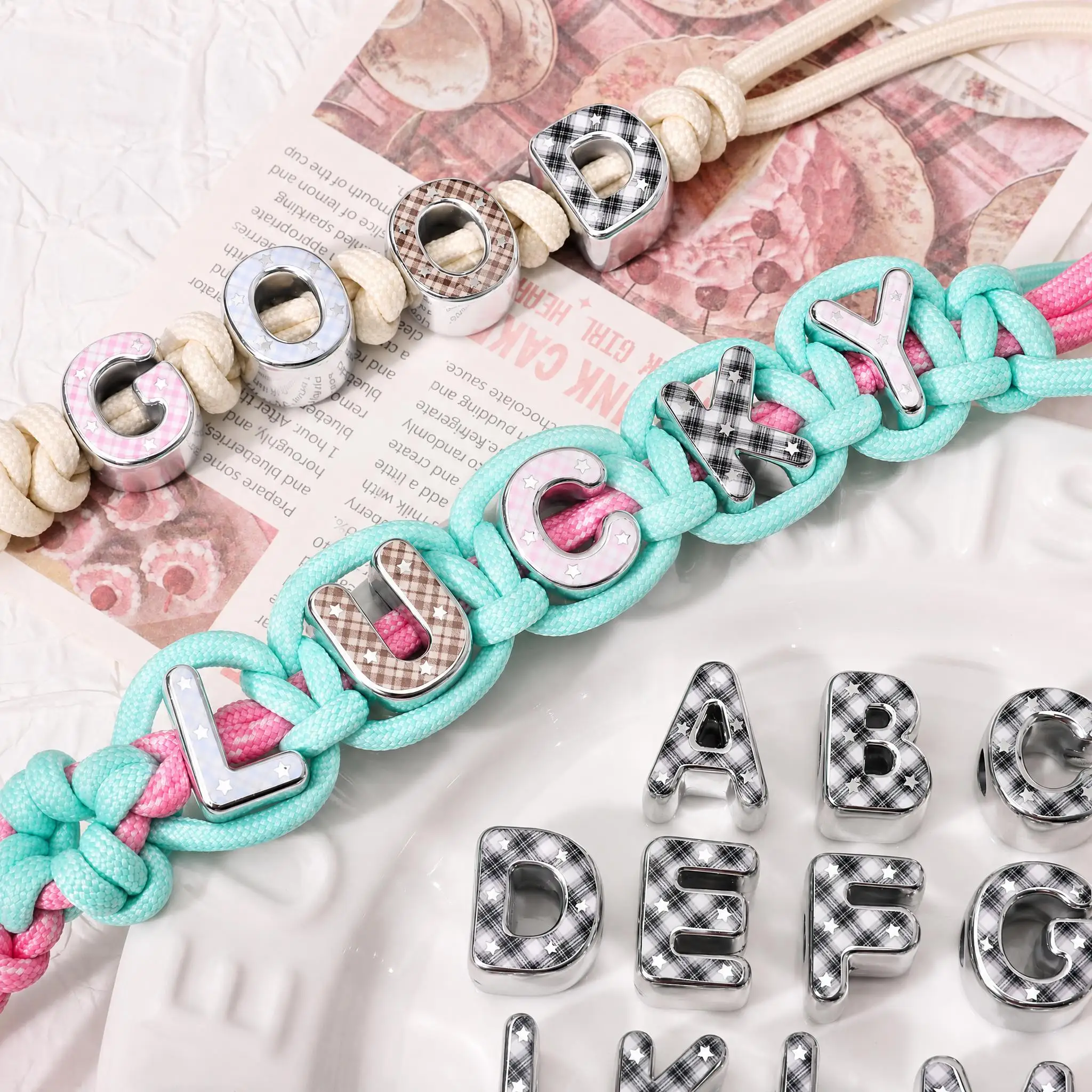 1Pc/bag Acrylic Silver Plated Letter Beads Black And White Checkered Letter Spacer Beads For Jewelry DIY Making Supplies