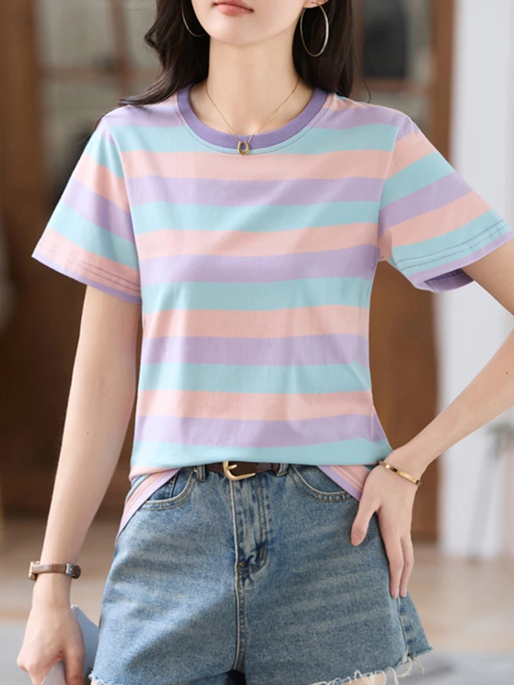 

Summer Short Sleeved T-Shirts For Women 2025 Loose O Neck Korean Style Tops Cotton Striped Tees Casual Ribbed Tshirts Female