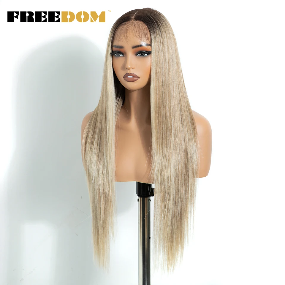 FREEDOM – lange, glatte, synthetische Perücken mit Spitze am Vorderteil für Damen, 30 Zoll, Ombré-Farbverlauf von Braun zu Blond, hitzebeständig, einfach anzuziehen, für den täglichen Gebrauch. – Detail 4