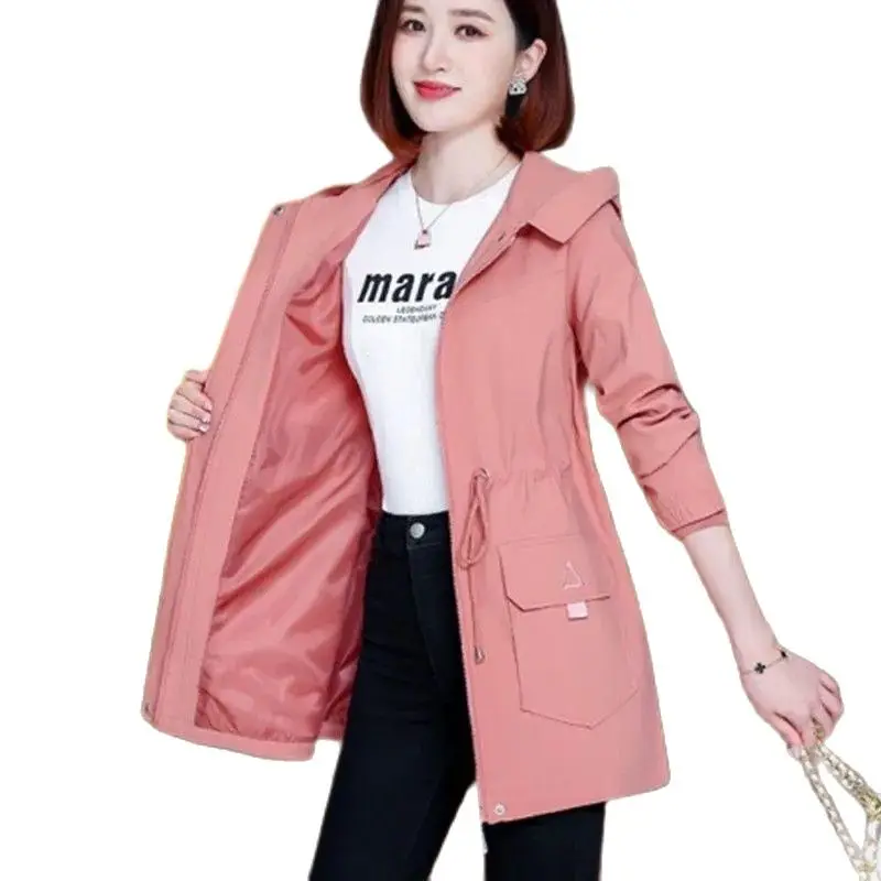 

Women's Windbreaker 2023 Spring Autumn New Korean Loose Hooded Coat Jackets Female Mid-length Trench Coat Lined Overcoat 4XL