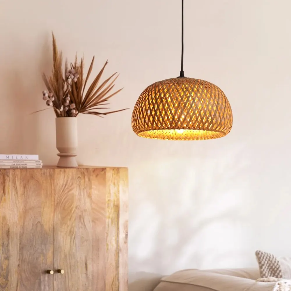 Lampadario in bambù Rattan fatto a mano lampada da soffitto a LED E27 apparecchio tessitura casa soggiorno Decor lampade a sospensione plafoniera a LED