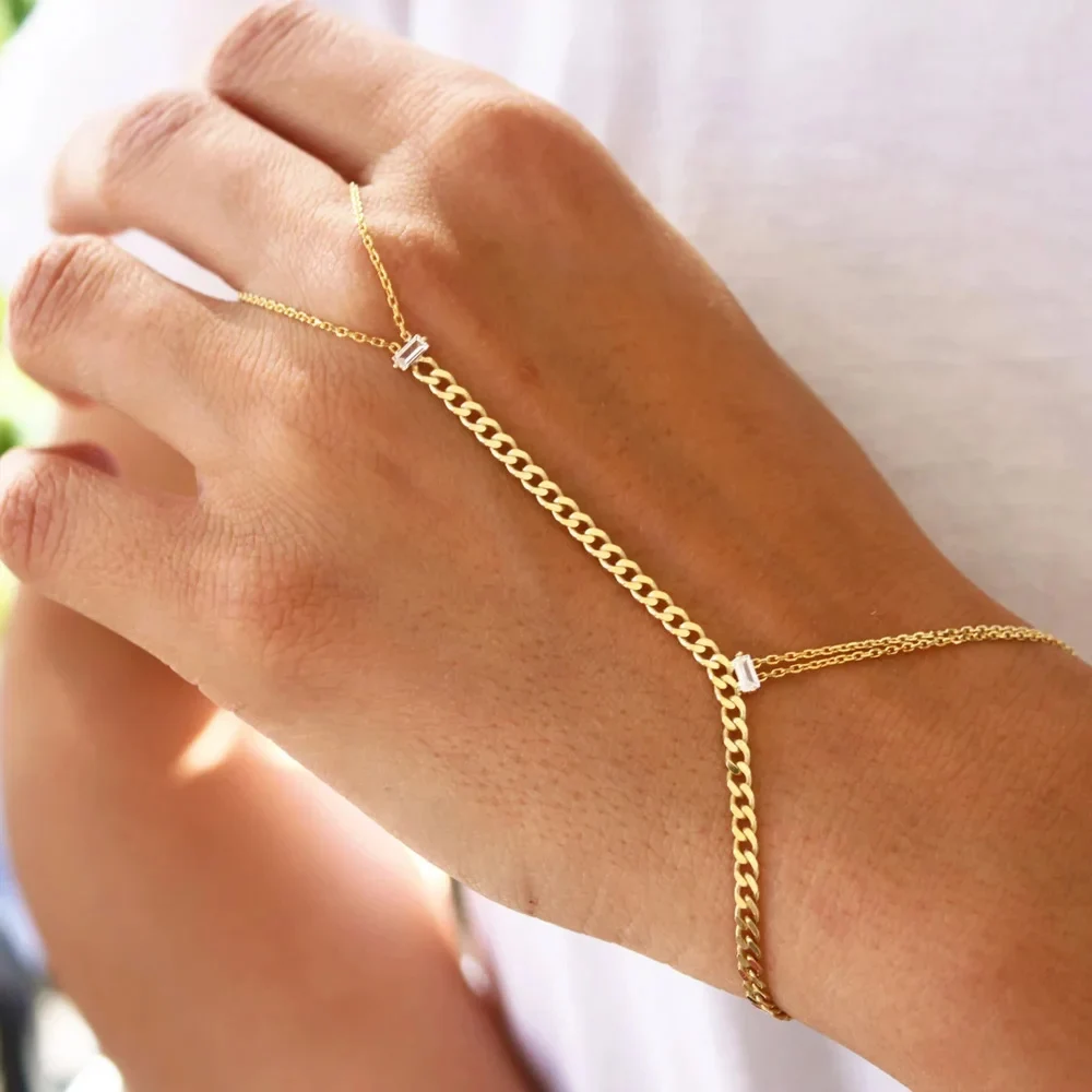 Minimalist Cuban Chain Slave Bracelet Hand Jewelry for Women Boho Metal Wristband Chain Finger Bracelet Bangle Handmade Gift