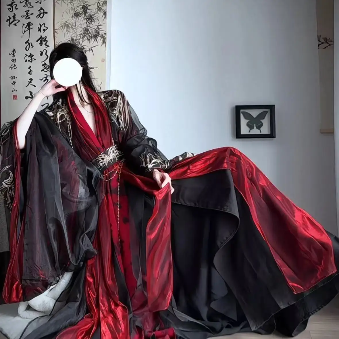 Dark Halloween Hanfu Men Women Traditional Chinese Woven Clothing Black Red Embroidered Stage Outfits Wuxia Wei Cosplay Costume