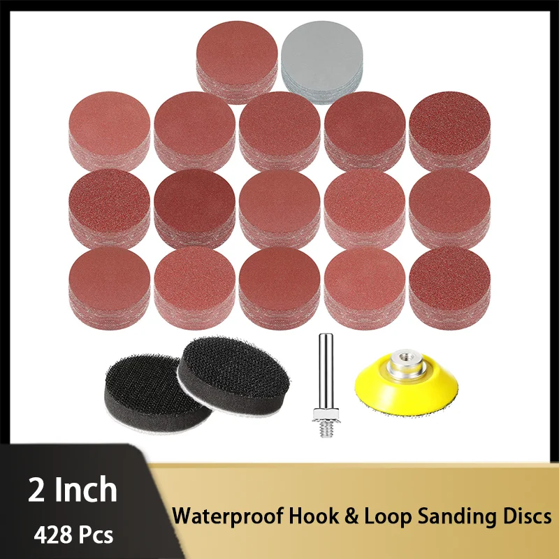 

2 Inch 50MM Red Sandpaper Kit 428 Pcs Assorted Grit 40-3000 with 1/4 Inch Round Shank Backing Pad Soft Foam Buffering Pads