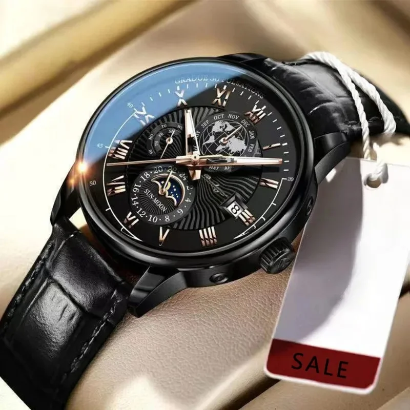 Luxury Man Watch Waterproof Chronograph Moon Phase Pattern Luminous Men\'s Wristwatch Leather Men Quartz Watches Casual Clock