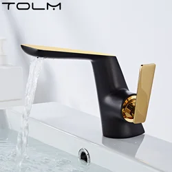 TOLM Chrome Bathroom Deck Mounted Waterfall Basin Faucet Hot Cold Water Sink Mixer Taps Black gold Lavatory Single Hole Crane