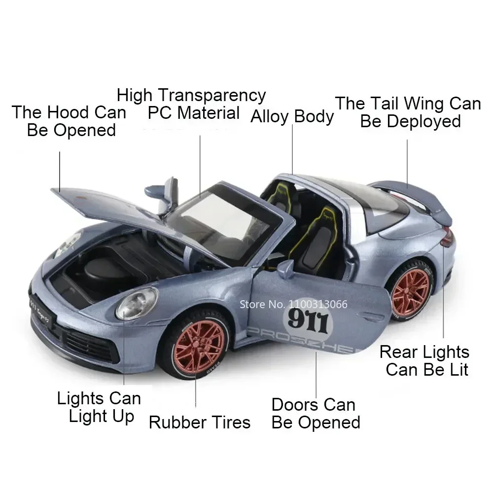 1:32 Porsche 911 Targa 4S ของเล่นรถยนต์ Miniature รุ่นโลหะผสม Diecast ดึงกลับ Super Sound Light ยานพาหนะเด็กเทศกาล GiftsFa Fa