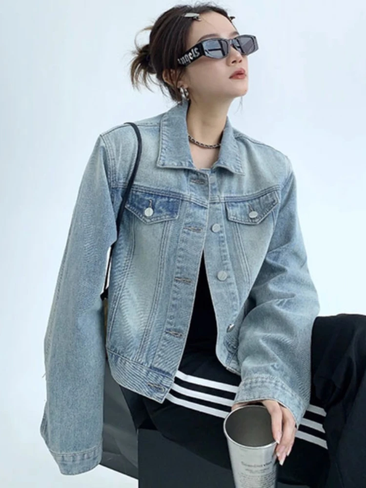 Jaquetas recortadas femininas denim estilo japonês gola virada para baixo outono fitness lazer streetwear bolsos normcore harajuku retro