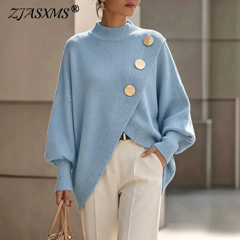 Asymmetrical Knit Sweater Women Long Balloon Sleeve Diagonal Large Button Decoration Loose Pullover Fall Winter Casual Solid Top