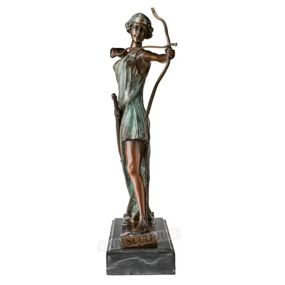Playing Bow and Arrow Woman Bronze Statue Vintage Warrior Sculpture Brass Female Figurine Home Decor Antique Art