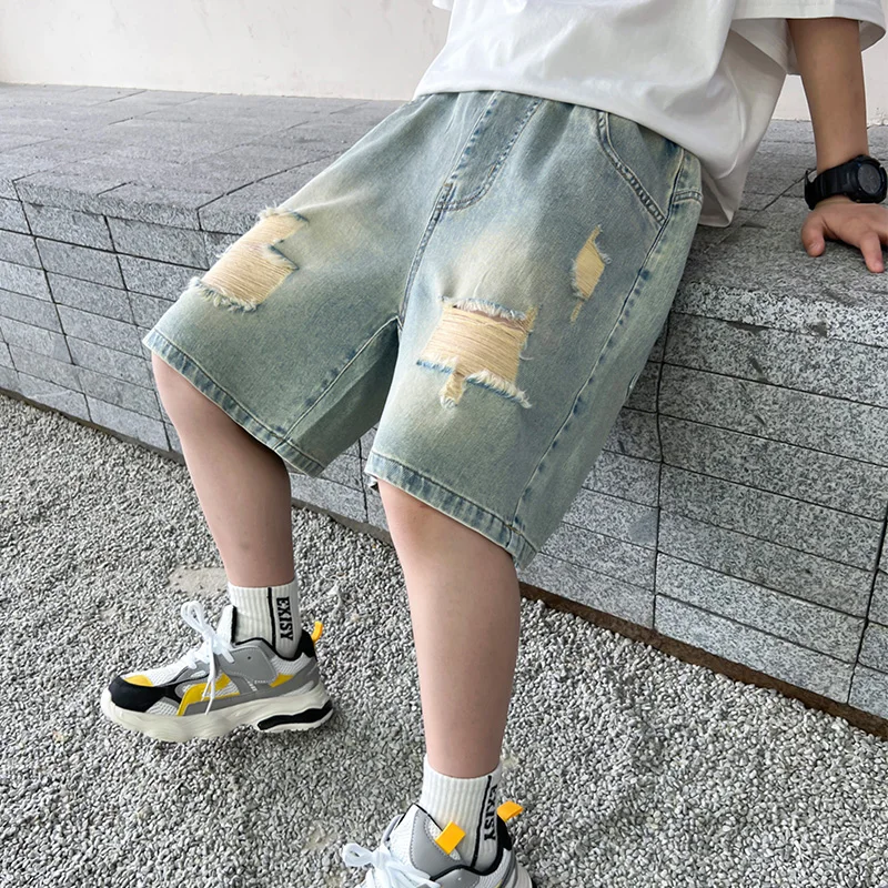 Kids Boys Fashion Design Broken Hole Shorts with Clown Print for Tweens Child Loose Summer Destroyed Ripped Denim Shorts 5-14Y