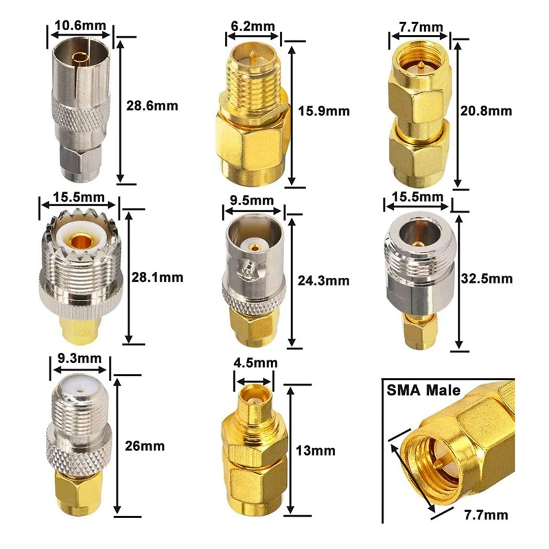 FULL-16 Type SMA Connectors SMA Adapter Kits SMA To MCX/TV/F/N/BNC/UHF/RP-SMA Straight Type Nickel Gold Plated Test Connector