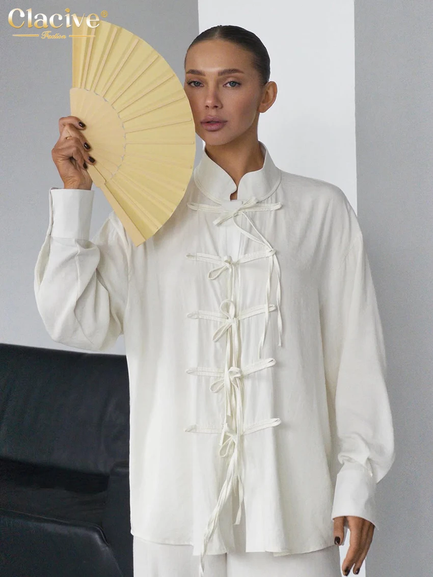Clacive Casual Long Sleeve Shirt Two Pieces Outfit Woman Fashion Loose White Pants Set Elegant Classic High Waist Trousers Suits
