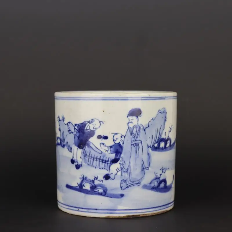 Chinese Qing Kangxi Blue and White Porcelain Figure Painting Pot Pen Holder 5.0