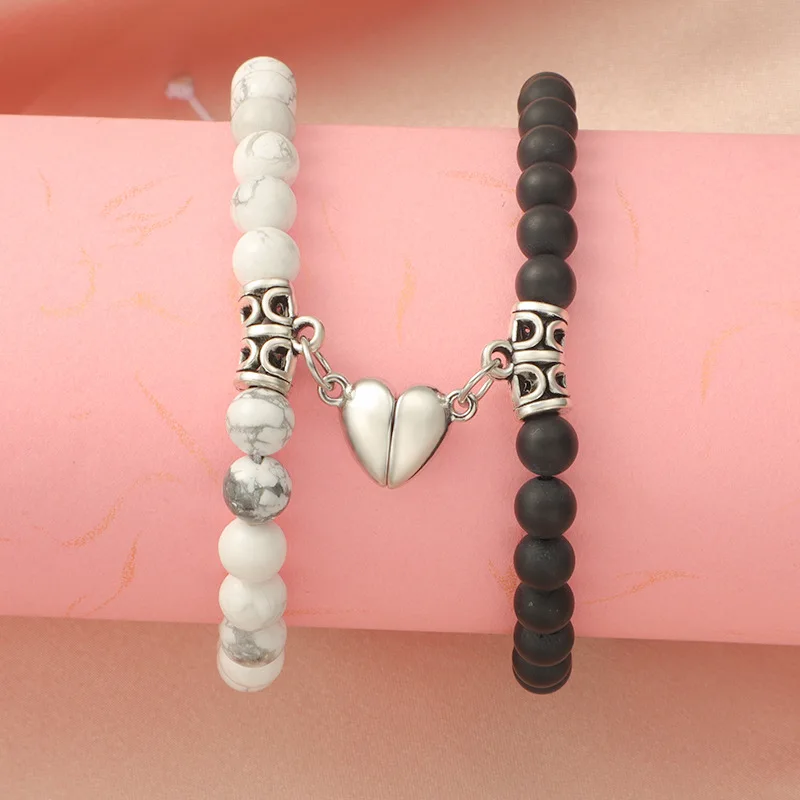

5PCS Agate Turquoise Beads Heart Bracelets Magnetic Heart DIY Stainless Steel Bar Bracelet For Lover Couple Jewelry Gifts