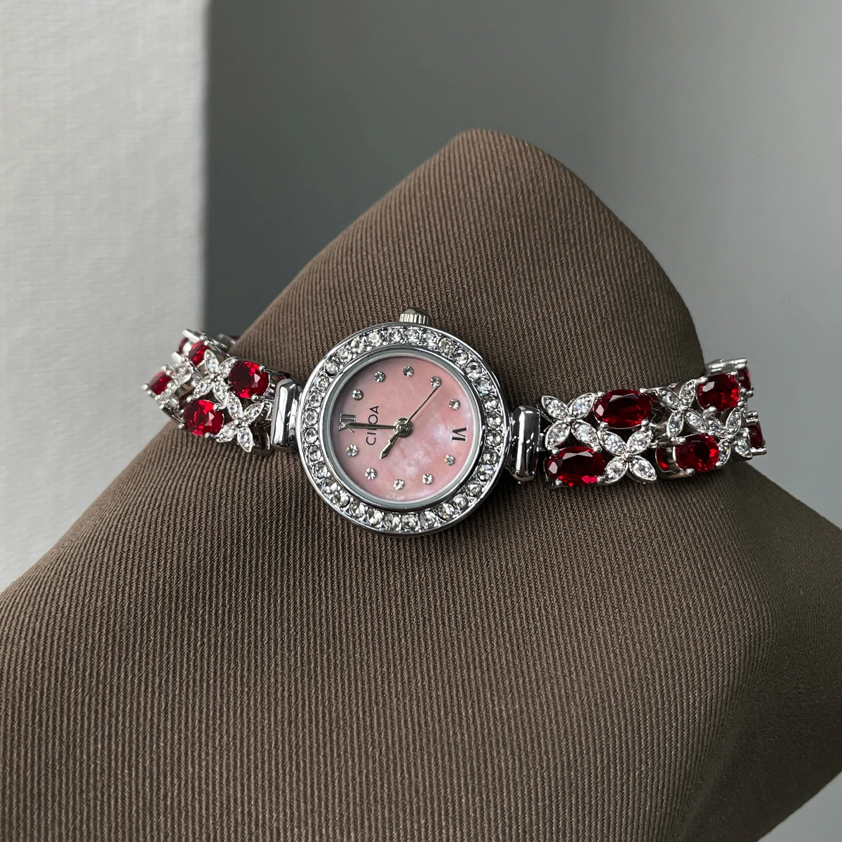 CILOA Women's Ruby Crystal Bracelet Watch, Pink Shell Dial, Luxury Quartz Wristwatch