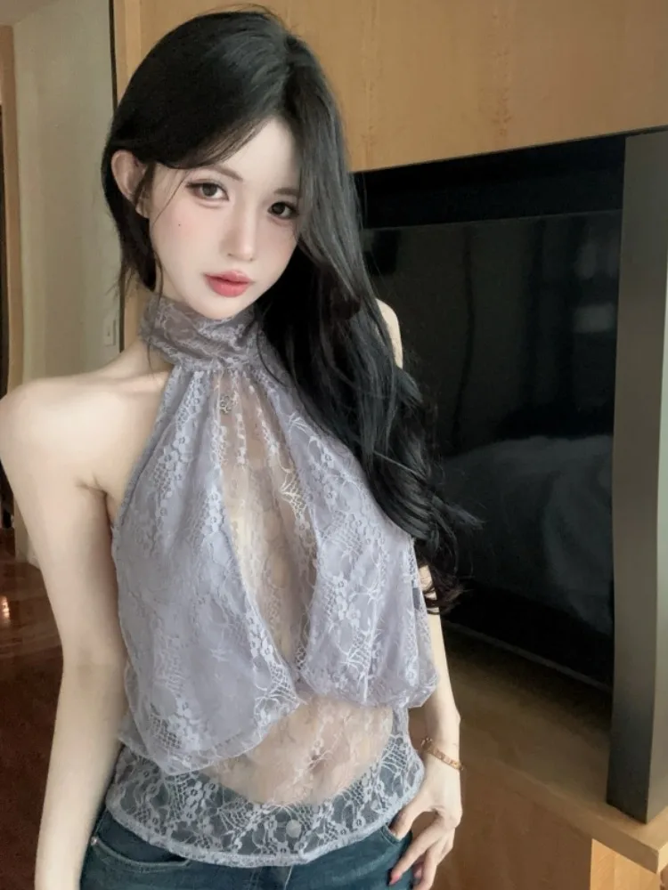 

Pure Desire High Collar Lace See through Sexy Backless Asymmetrical Short Top Women Summer New Style Hanging Neck Small Vest