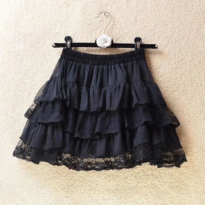 Mini-jupes noires à dentelle, jupe tutu gothique en dentelle, jupe skater à volants étagés à taille élastique, tenue de soirée et de club Y2K pour femme Coquette