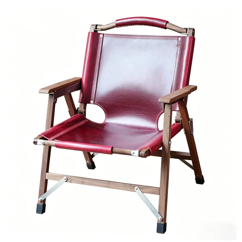Genuine leather medieval solid wood folding chair black walnut solid wood first layer cowhide portable beach lounge chair