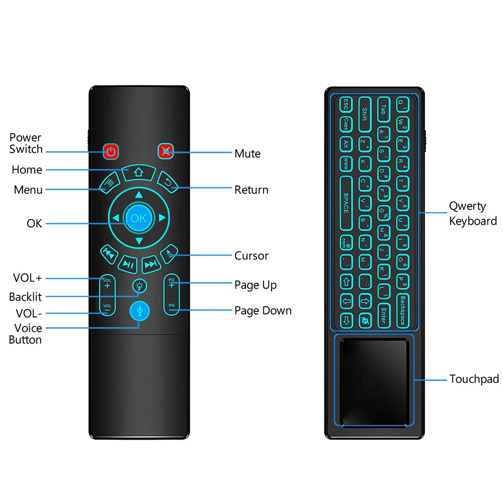 Controle remoto de voz para android tv box t9 x96max t8 plus, mini teclado sem fio, 7 cores touchpad retroiluminado, 2.4g