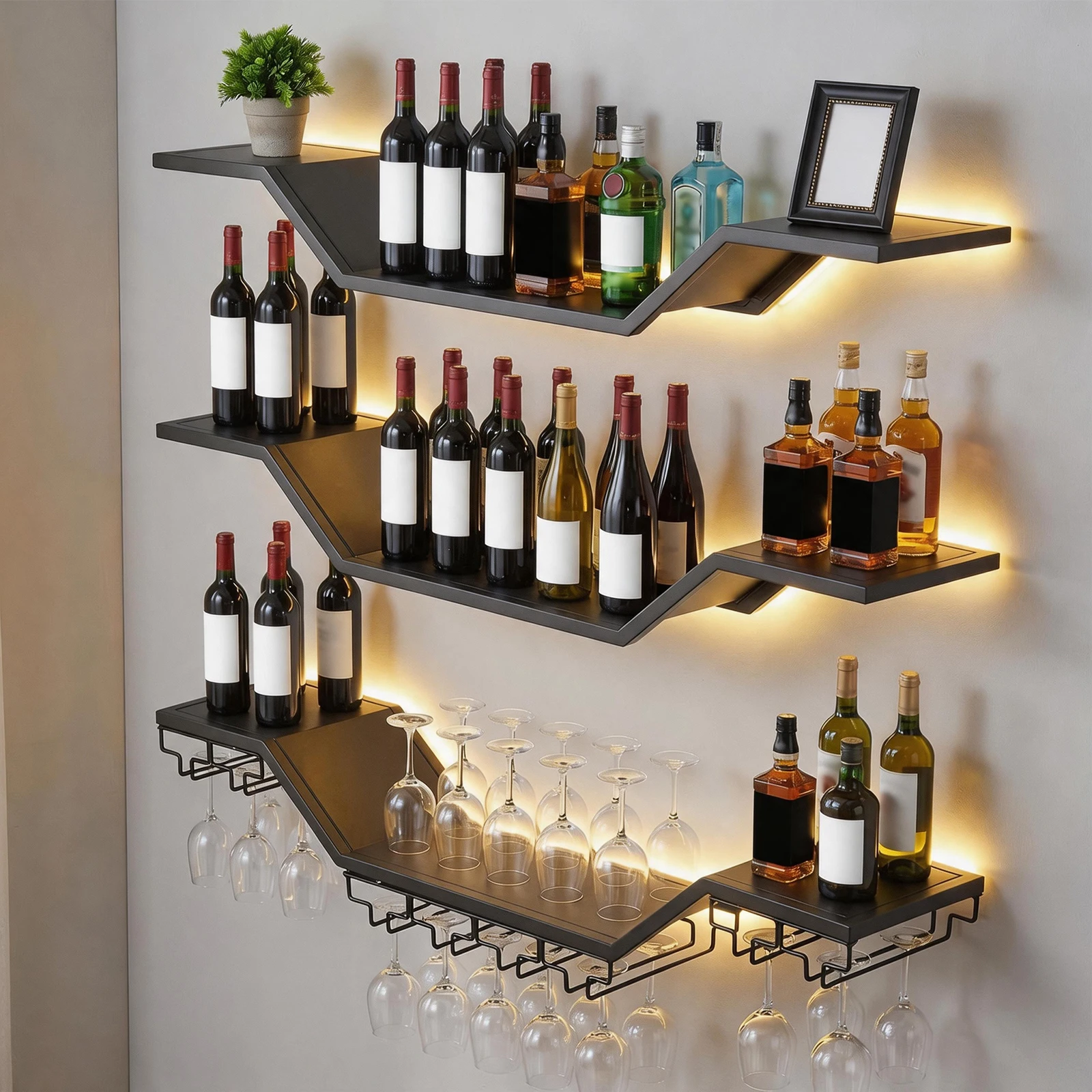 39.4 Inch Wall Mounted Wine Rack, 3-Tier Metal Floating Wine Shelves with LED Light and Glass Holder for Liquor Bottle Display, Ideal for Kitchen, Home Bar, and Dining Room