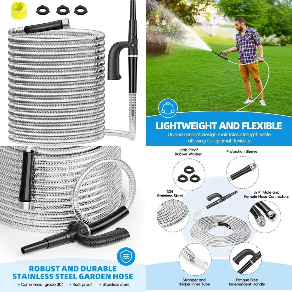 

Heavy-Duty 100ft Stainless Steel Garden Hose for Outdoor Use - Durable, Flexible, Kink-Resistant, Yard and Garden Water Pipe