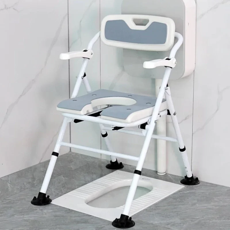 

The elderly take a bath, sit on the , squat on the , change to sit on , chair, foldable, mobile