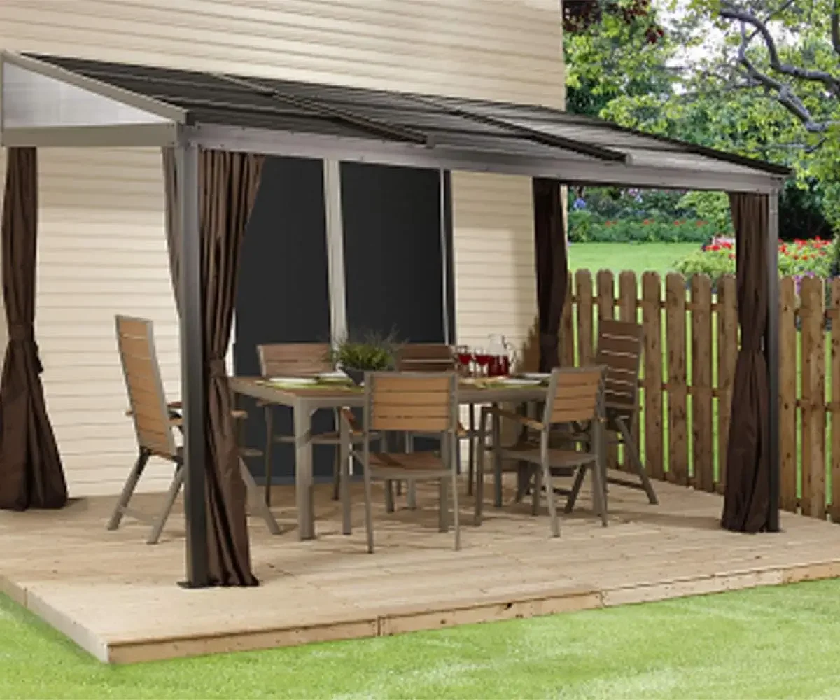 

10' x 12' Francfort Wall-Mounted Hardtop Gazebo Outdoor Weather-Resistant Aluminum Frame Sun Shelter Black,Brown