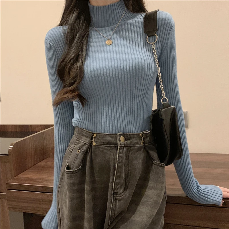 Dolcevita spesso coreano pullover da donna a maniche lunghe sottile 2025 maglione autunno inverno lavorato a maglia maglione versatile tinta unita femminile