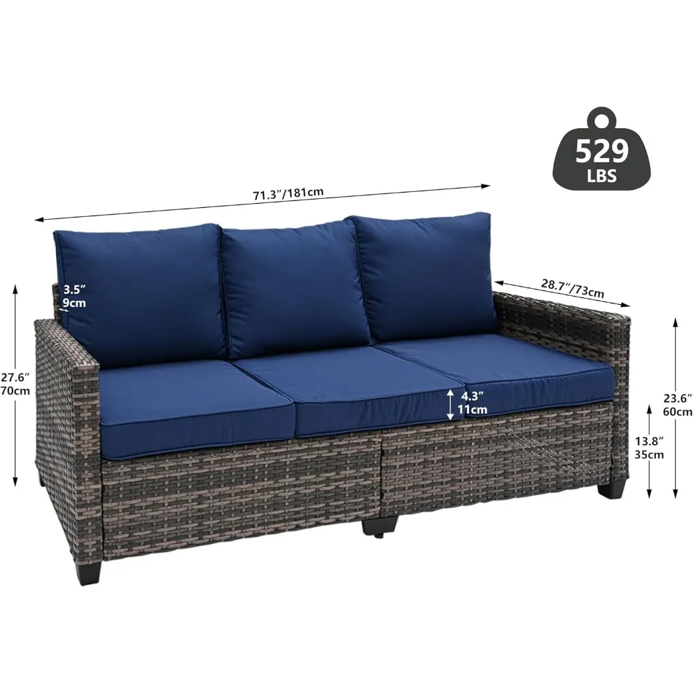 All Weather Wicker Patio Couch, 3-miejscowa sofa Patio z wysokim krzyżem oparcia, Premium Sofa zewnętrzna z brązową wikliny i grubym Cus선