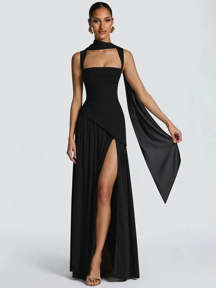 Vierkante kraag backless sexy maxi-jurk damesjurk elegante mouwloze dij hoge split geplooide club party lange jurk