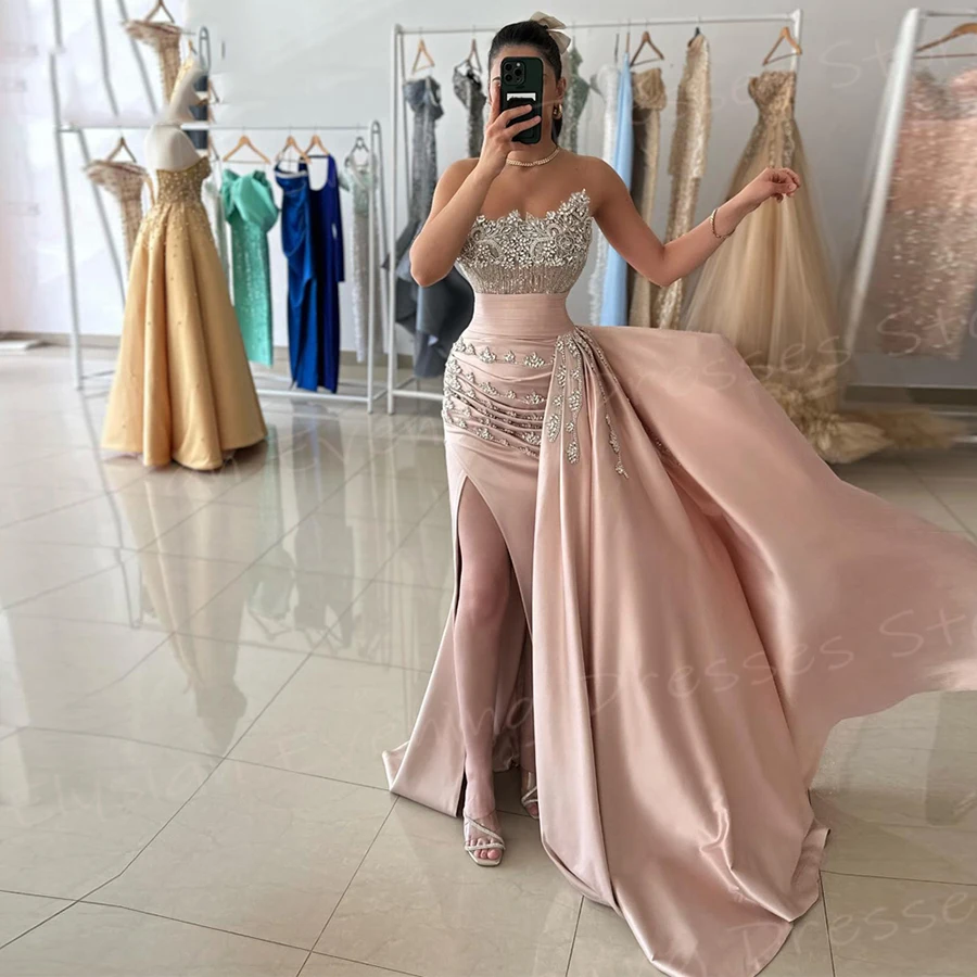 Exquisitos Vestidos De Noche De sirena sin tirantes para mujer, vestidos De graduación modernos, Vestido De Noche Sexy con cuentas y abertura lateral alta, Rosa