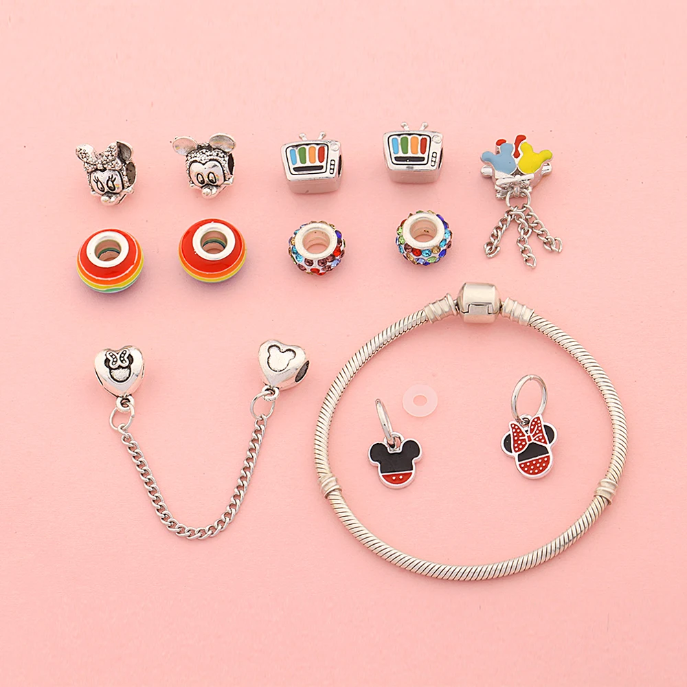 Colorful Rainbow Enamel Crystal Cartoon Animal Charm Bracelet Trendy Mickey Minnie DIY Bead Jewelry Gift for Women