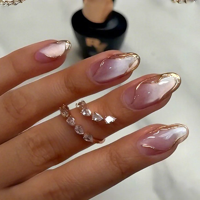 

24Pcs Cat's Eye Press on Fake Nails Irregular Golden Line Design False Nails Mid-length Almond Detachable Full Cover Nails Tips