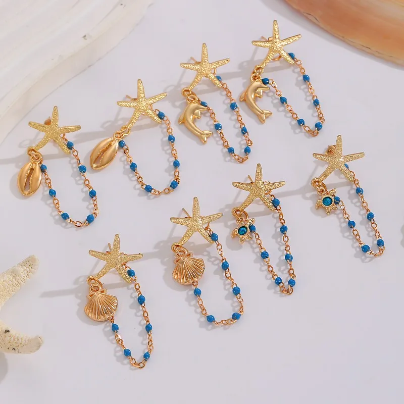 Fashionable Summer Beach Party Starfish Turtle Chain Earrings, Women's Vacation Beach Style Bohemian Jewelry Women's Earrings