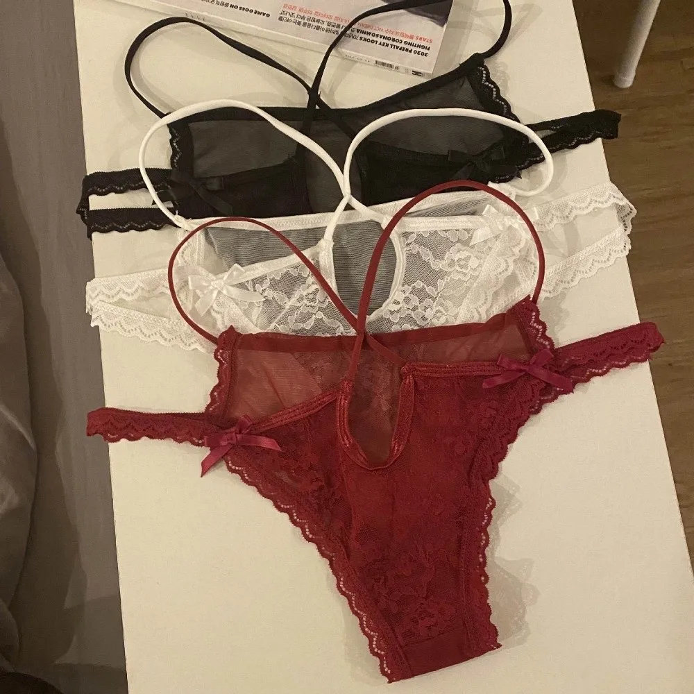 

Fashion Bow Lace Flower Panties Low Waist Hollow French Style Briefs Thin Strap Transparent Lace Mesh Briefs Lady