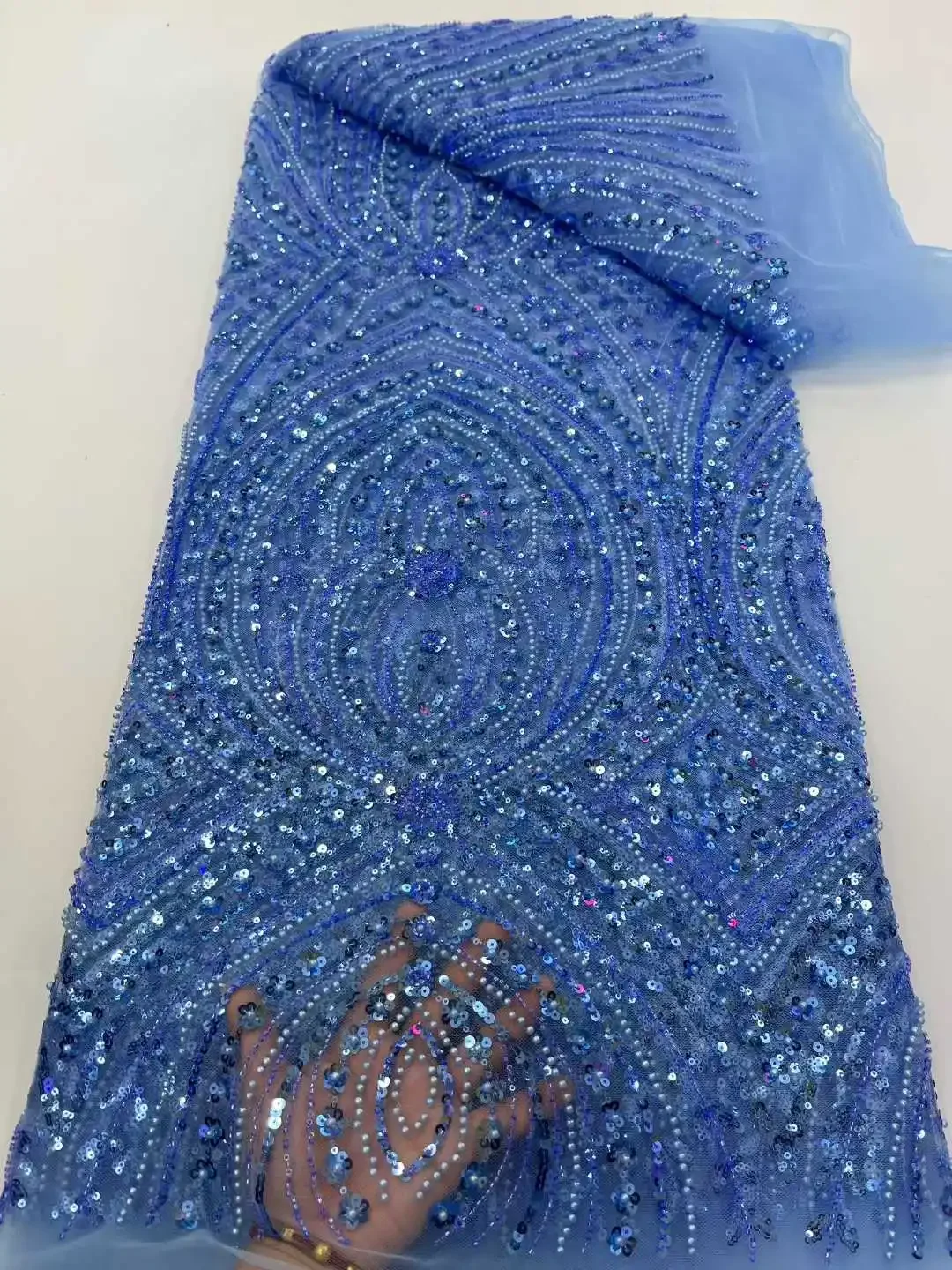 2025 African Peach Beaded Mesh Lace Fabric Embroidery Sequins French Tulle Lace for Nigerian Wedding Party Dress 5 Yards TP1458