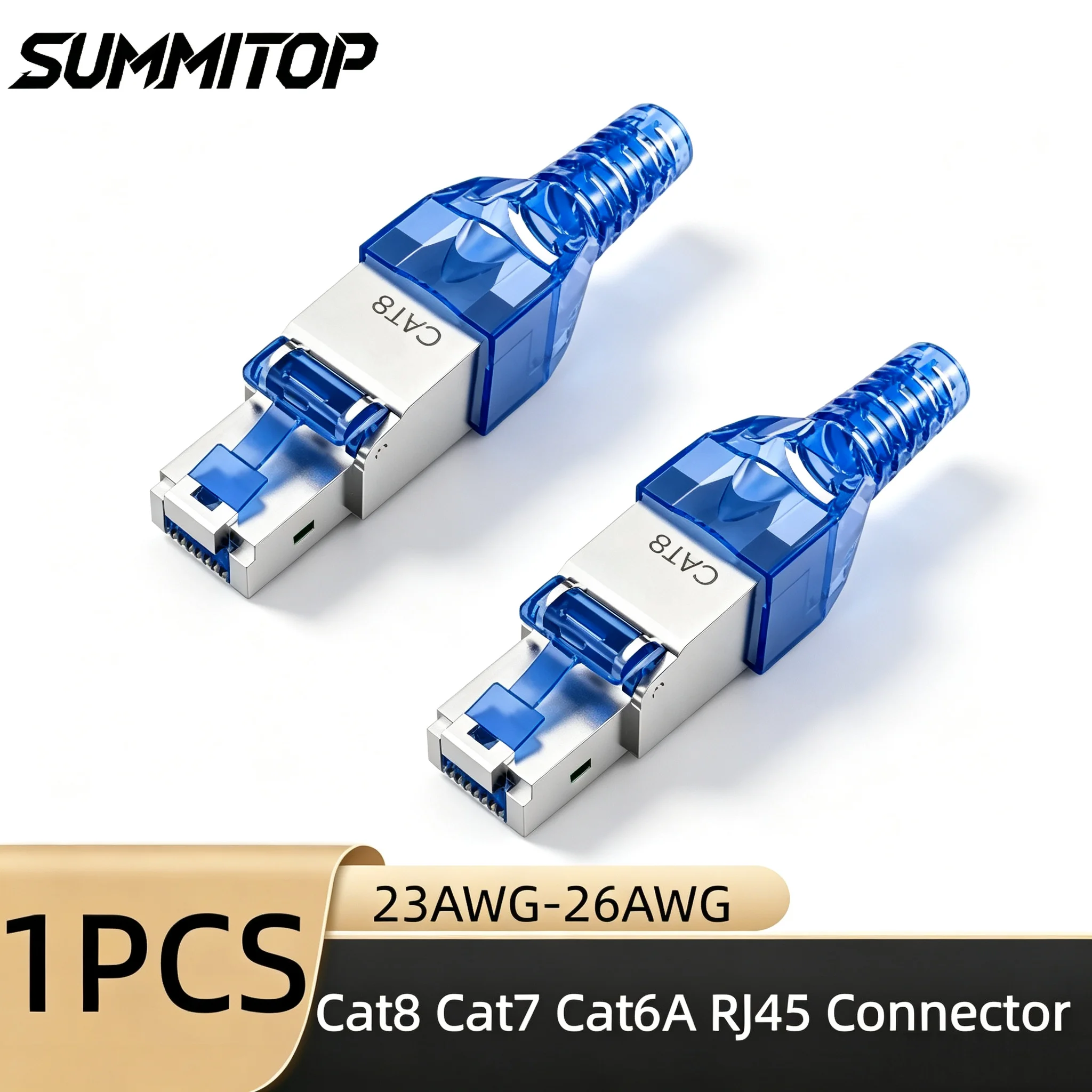 SUMMITOP 1PCS RJ45 Blue Cat8 Cat7 Cat6a Connectors Tool-Free Zinc Alloy Shielded Ethernet Termination Plugs for 23AWG SFTP Cable