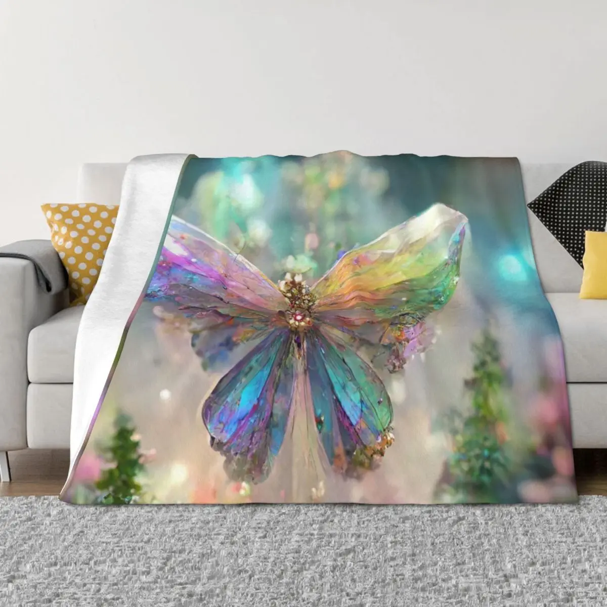 

Rainbow Crystal Butterfly Lover Room Decor Rainbow Waterfall Abstract Art Print Throw Blanket Flannel Fabric Hair Blankets