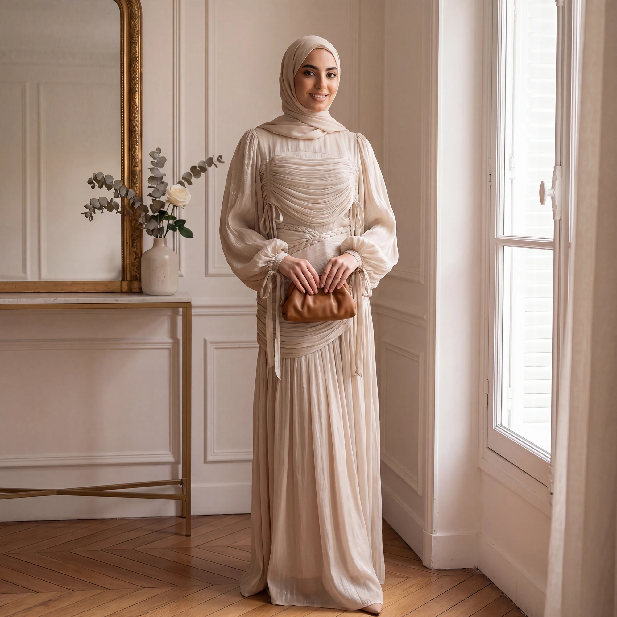 Asian Size Ruched Glossy Muslim Women Tailored Maxi Evening Dress Ramadan Islam Clothing: Puff Sleeve Drawstring Cuff Braid Trim
