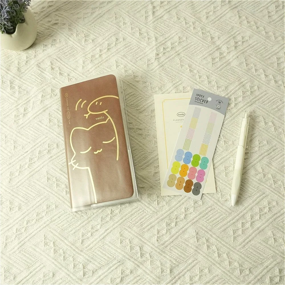 Fromthenon 7 Types of Inner Pages Faux Leather Weekly Planner Notebook Lucky Cat Snake Element Transparent PVC Protective Cover