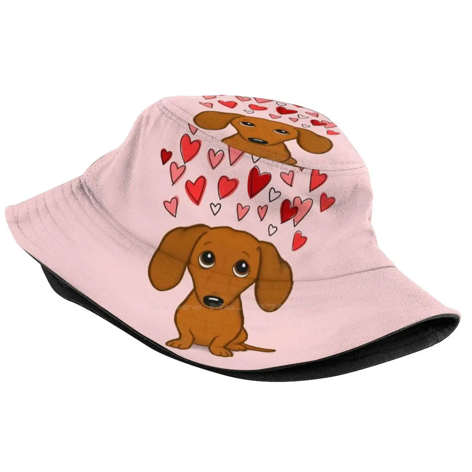 Cute Dachshund With Hearts Flat Top Breathable Bucket Hats Dachshunds Pets Animals Dachsie Doxie Wiener Dog Weiner Dogs