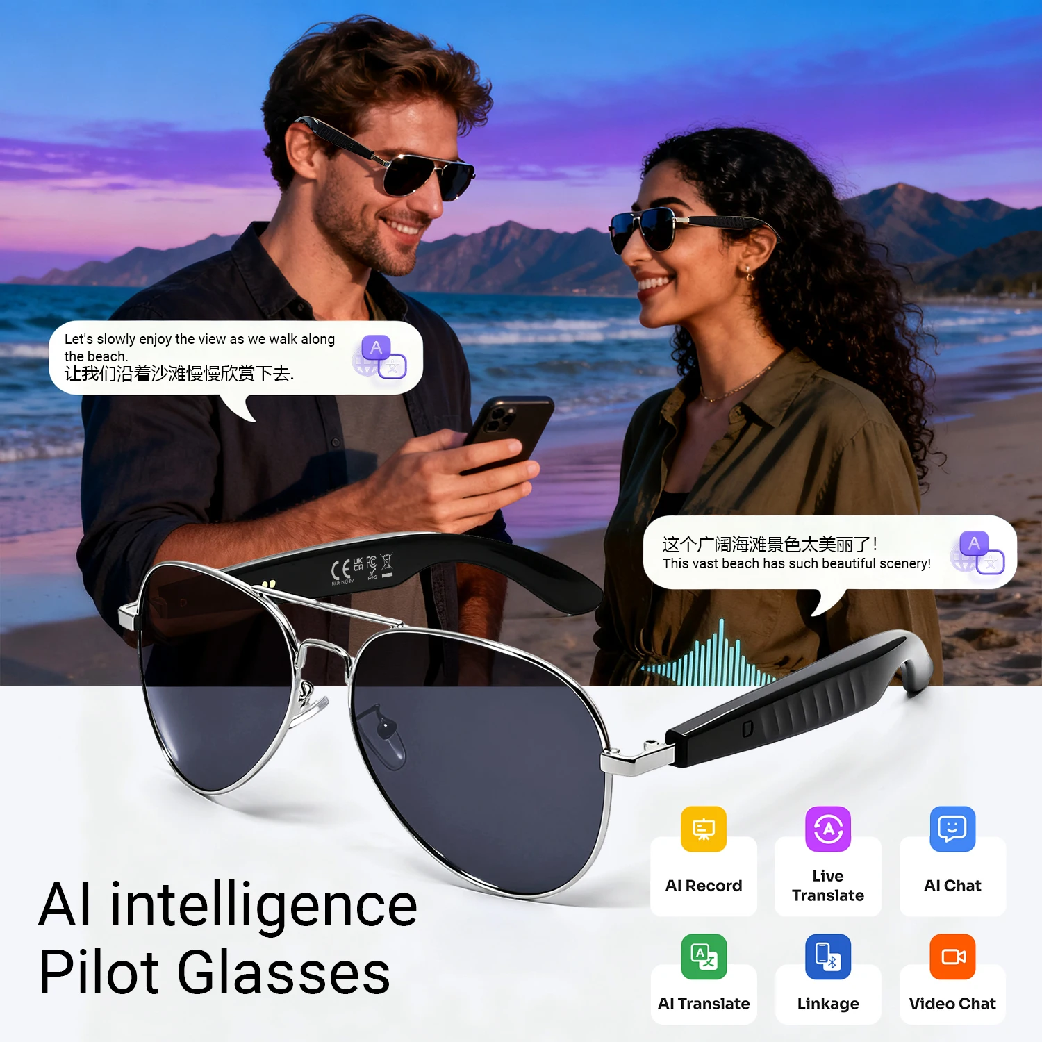 

Умные очки в стиле Pilot с ИИ, Bluetooth, функцией перевода, золотисто-черные, с защитой от УФ-излучения и мощным звуком
